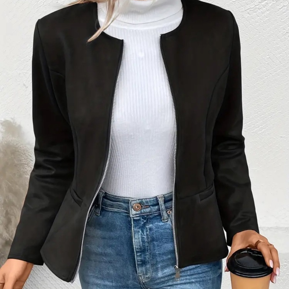 Cozy Solid Zip-Up Crew Neck Jacket